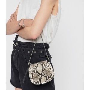 AllSaints Silver Suede Mini Round Crossbody Bag